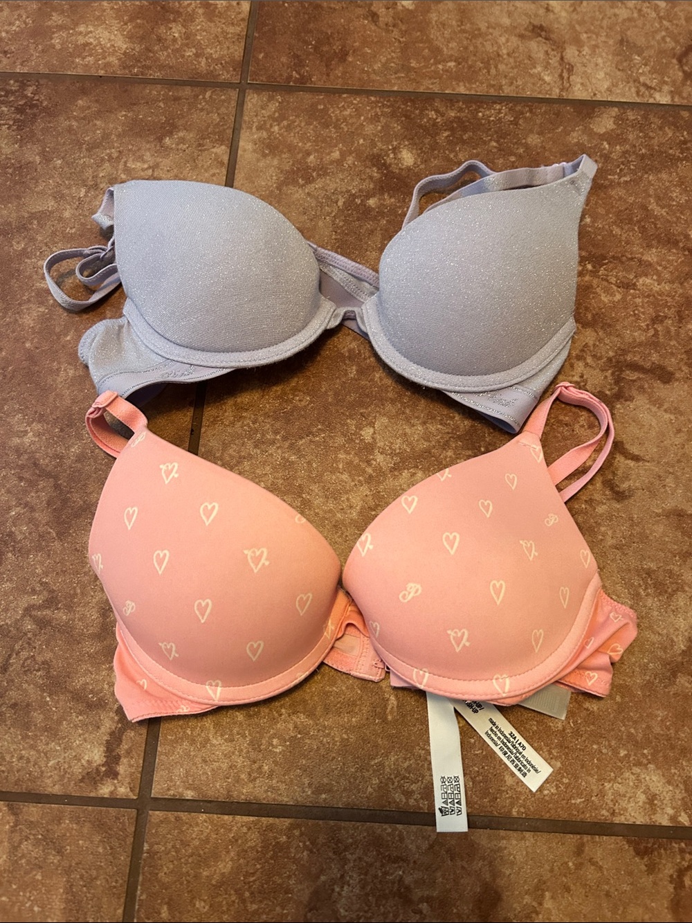 PINK Victoria's Secret Shimmery Lavender Bra & Pink Heart-Print Push-Up Bra